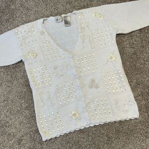 Vintage Kathy‎ Lee Cardigan Sweater Women Size Medium Pearls Lace White